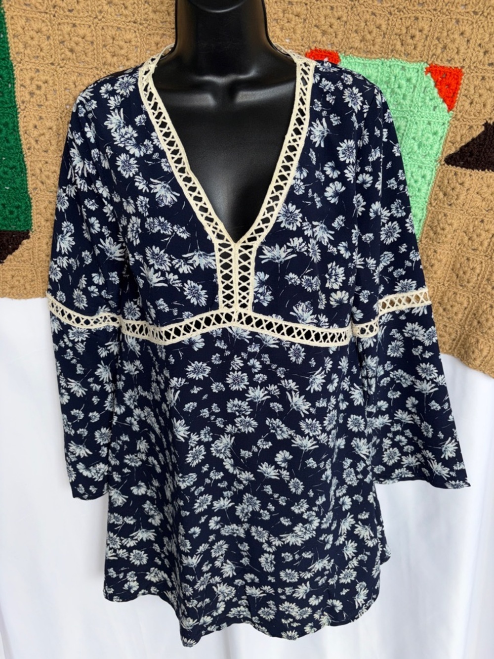 Entro Bohemian Blue and White Floral Lace Detail Bell Sleeves Mini Dress, S